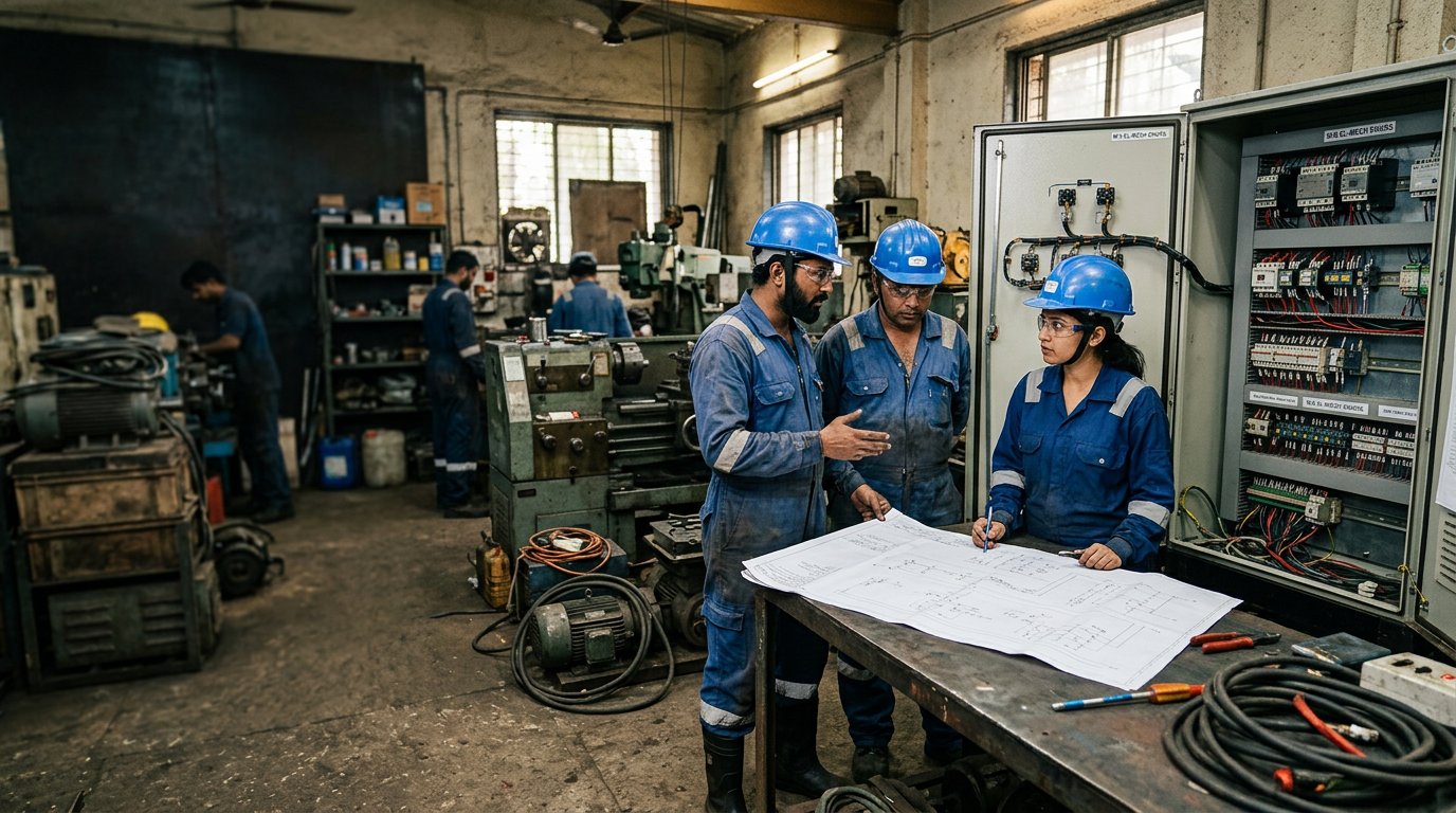 Indian electro-mechanical engineers discussing technical plans beside an industrial control panel in a marine workshop